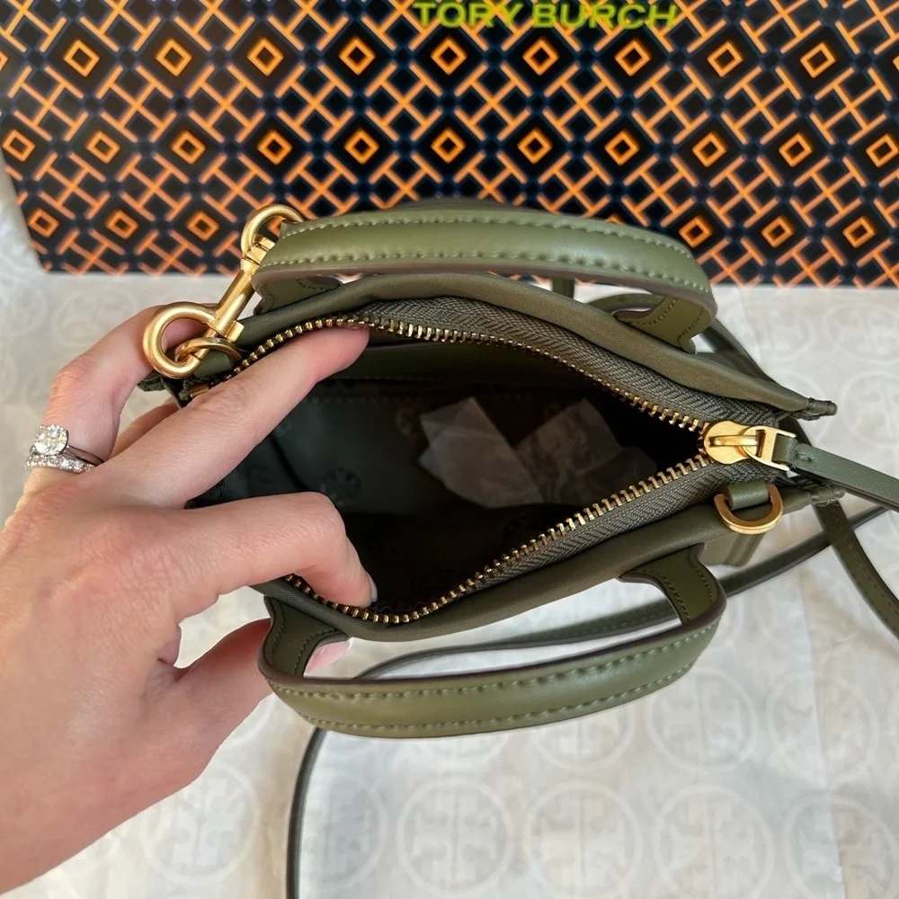 Tory Burch Ella Nylon Mini Tote Bag Crossbody Palm Leaf Gold Green